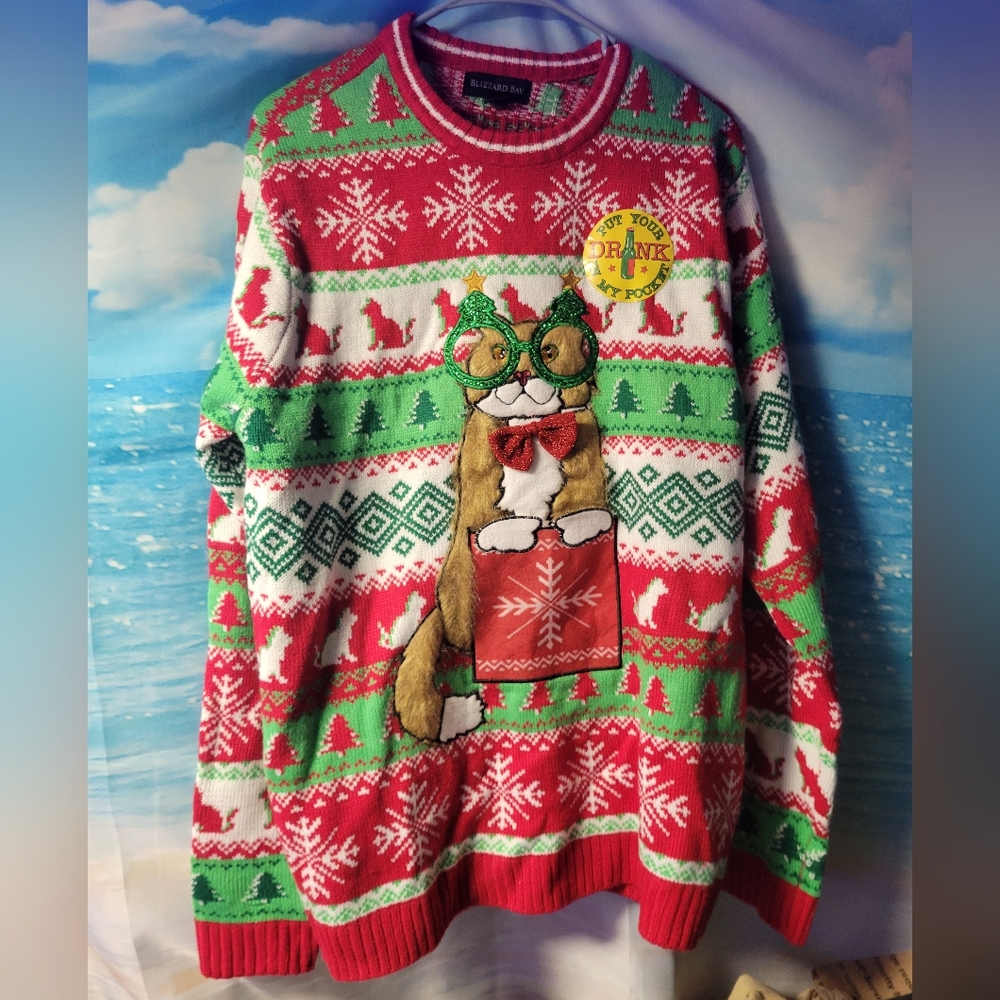 Blizzard Bay NWOT Mens Christmas Sweater Cat in Glasses Size Large‎